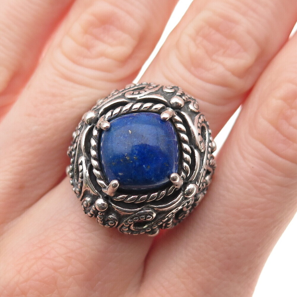 Carolyn Pollack Sterling Silver Vintage Real Lapis Dotted Oxidized Ring Size 9